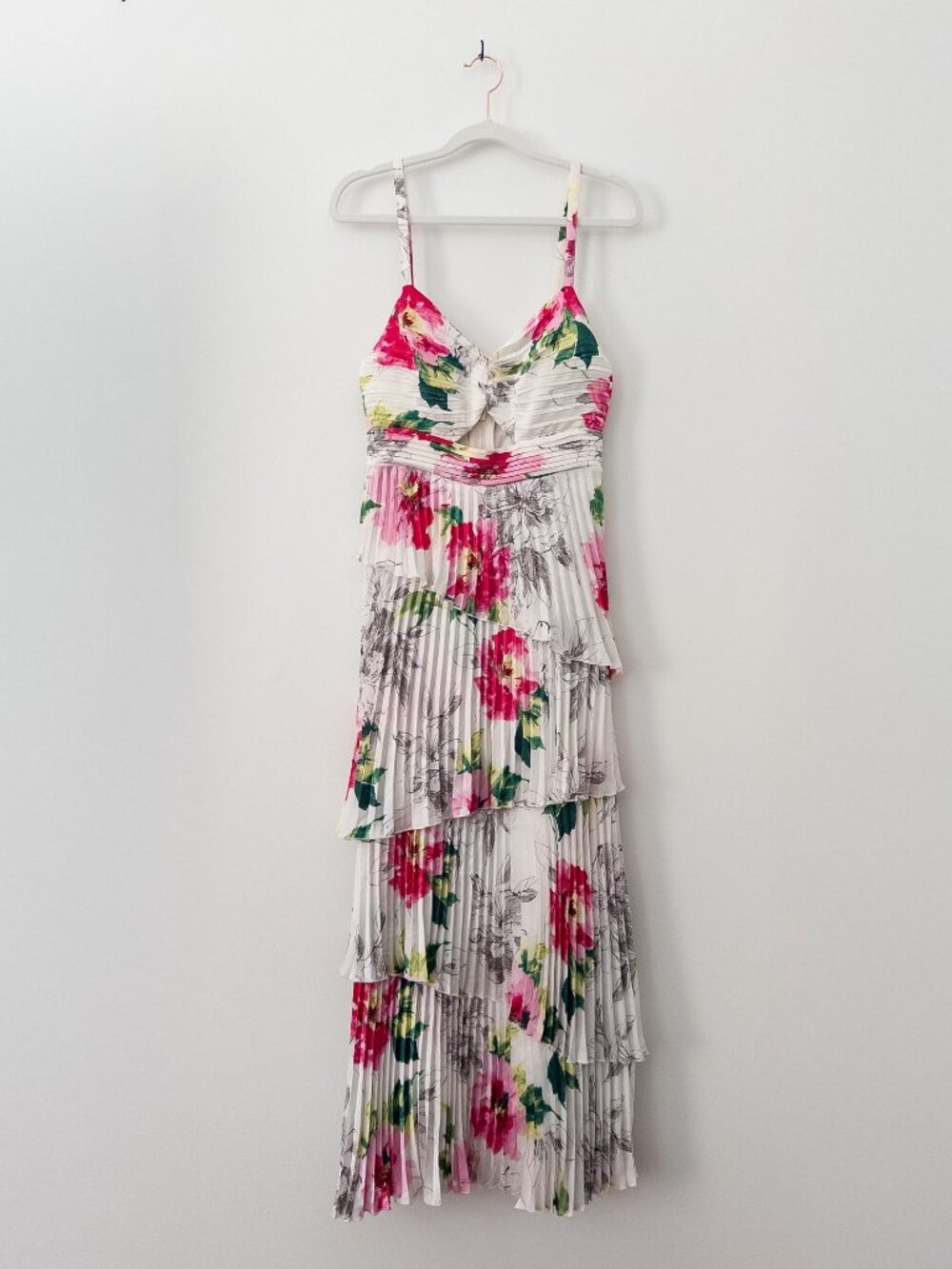 Abercrombie & Fitch Womens Pleated Tiered Maxi Dress White Pink Floral - Sz S
